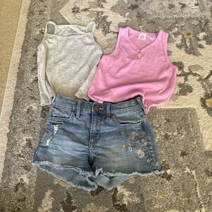 Stylish Kids Pink and Gray Tank Top Set with Denim Shorts